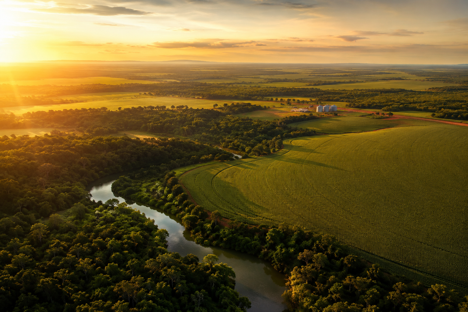 Vista aérea de lavoura, mata ciliar e rio ao pôr do sol no agronegócio