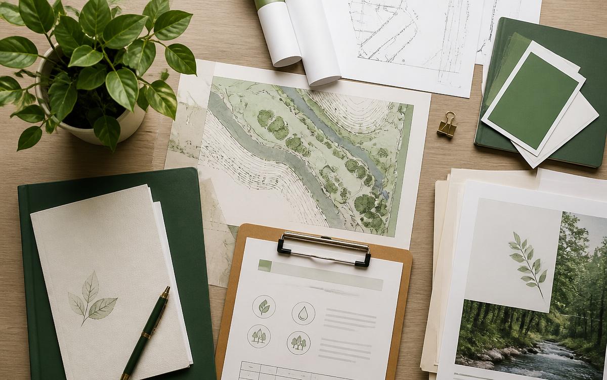Documentos técnicos de licenciamento ambiental sobre uma mesa de madeira em propriedade rural