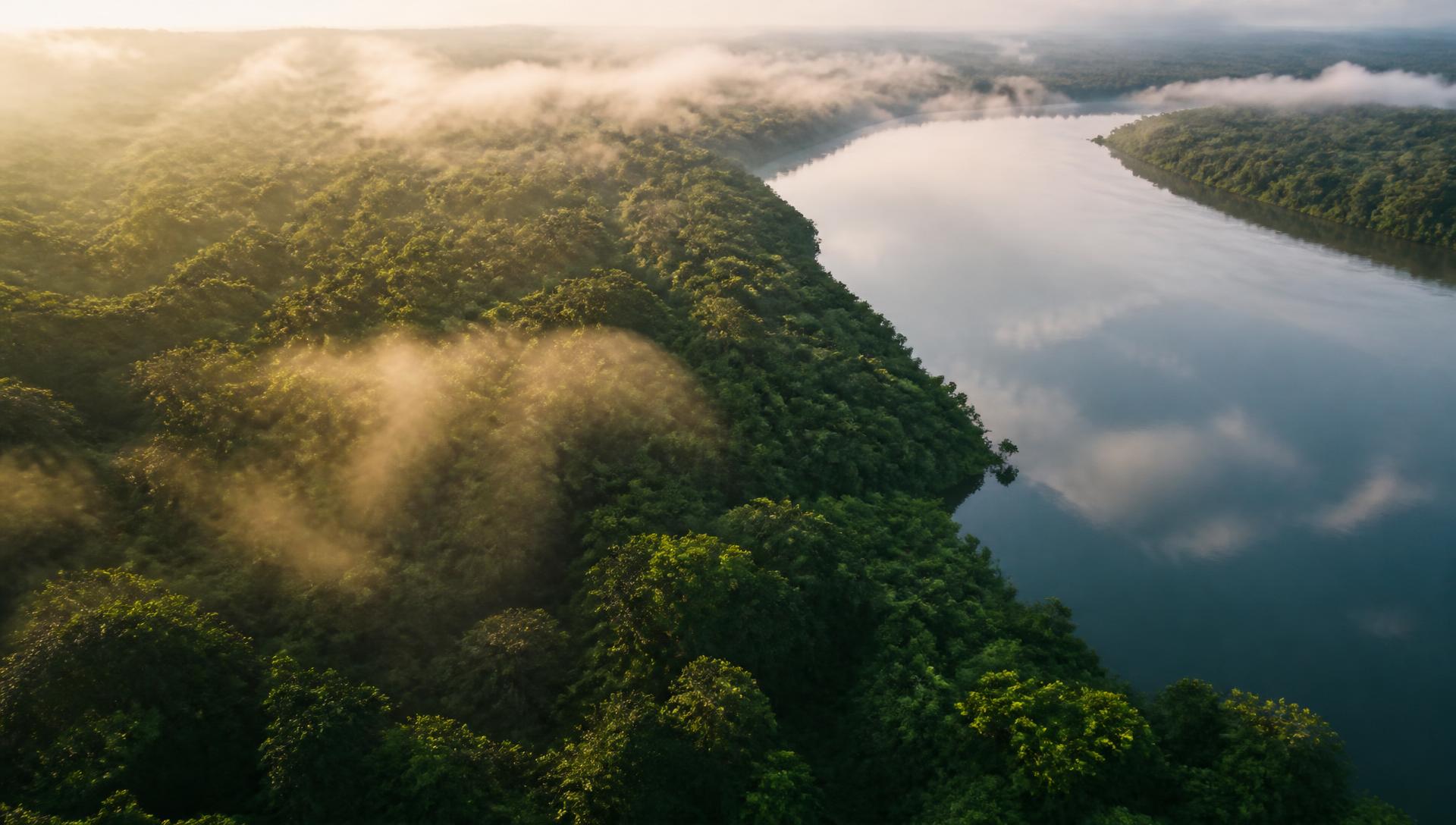 Floresta tropical vista aérea com rio e neblina